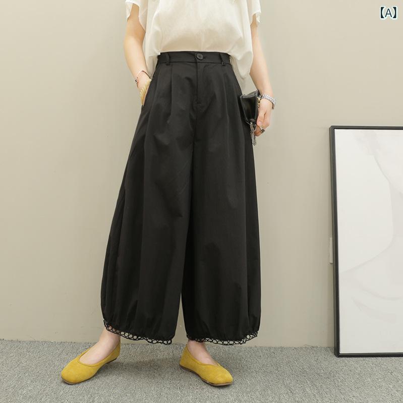 Rakuten - ワイドパンツ レディース サマーパンツ レース切り替え ハイウエスト ストレート ボトムス 体型カバー 通気性 ゆったりシルエット 脚長効果 涼しい 動きやすい 通勤 通学 カジュアル 夏物
