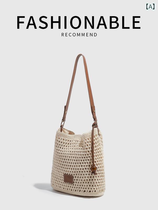 Tote Bag - トートバッグ レディース 透かし編み かごバッグ ショルダーバッグ 手編み メッシュ 編み込み 巾着付き ビーチバッグ 軽量 肩掛け 休暇 旅行 アウトドア 持ち運びやすい 大容量 お出かけ
