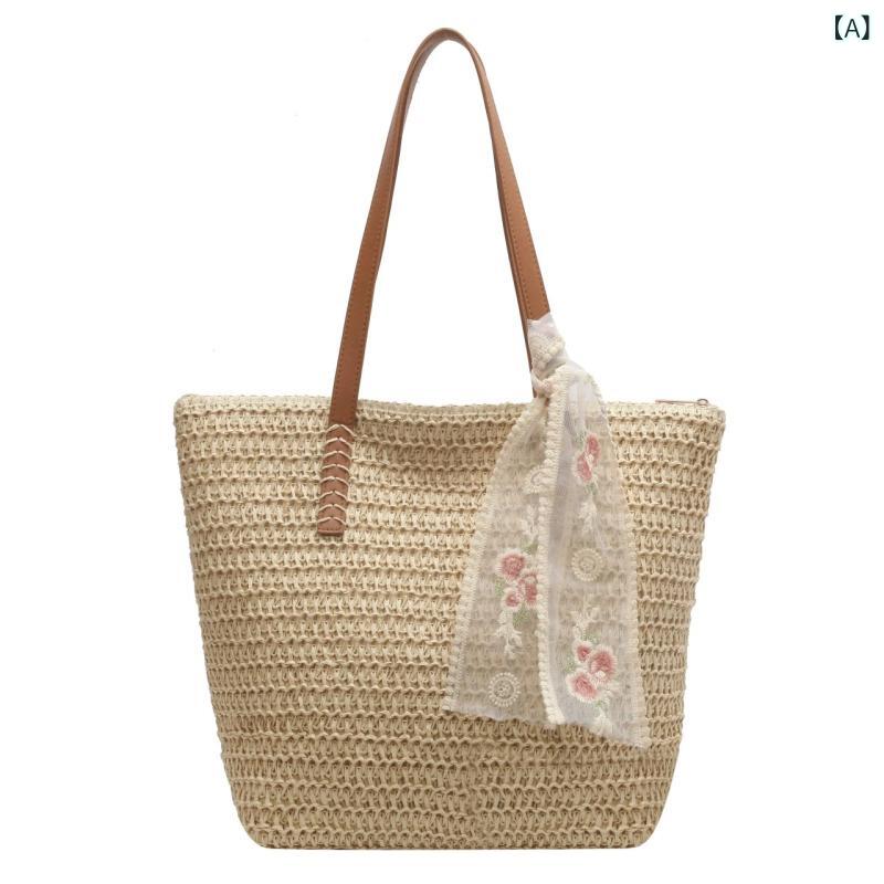 Tote Bag - トートバッグ レディース かごバッグ 編み込み 大容量 軽量 麦わら風バッグ 肩掛け 通勤 通学 旅行 収納しやすい 夏のリゾート マザーズバッグ ビーチバッグ カジュアル ナチュラル 丈夫