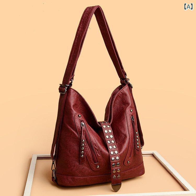 Tote Bag - トートバッグ レディース ショルダーバッグ 斜め掛け 2way レザー調 大容量 ポケット付き 通勤 通学 旅行 ファスナー付き 軽い 収納しやすい 自立型 お出かけ シンプル 無地 鞄 カバン