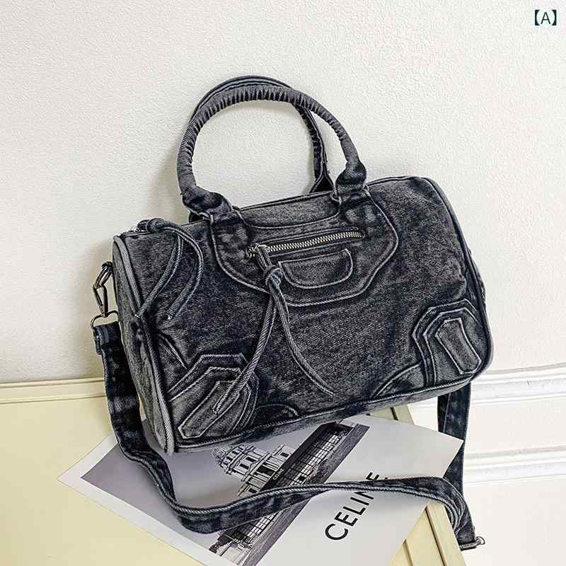 Tote Bag - トートバッグ レディース デニム ショルダーバッグ 大容量 2way 斜めがけ 軽量 A4 通勤 通学 カジュアル ヴィンテージ風 無地 シンプル 収納しやすい 丈夫な素材 手提げバッグ 肩掛け デニムバッグ