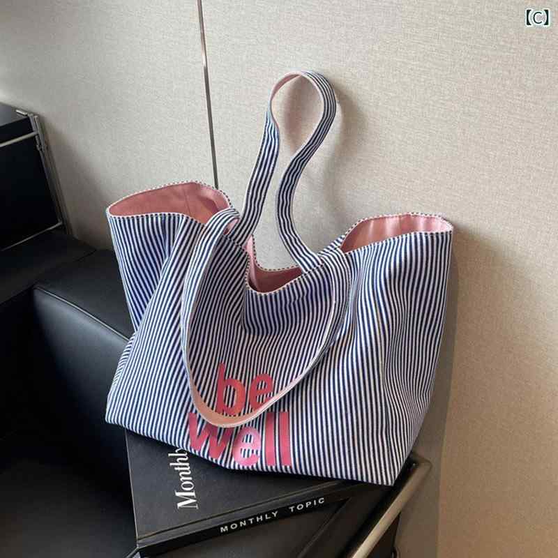 トートバッグ レディース 帆布 キャンバス 大容量 ストライプ 字母ロゴプリント 斜...