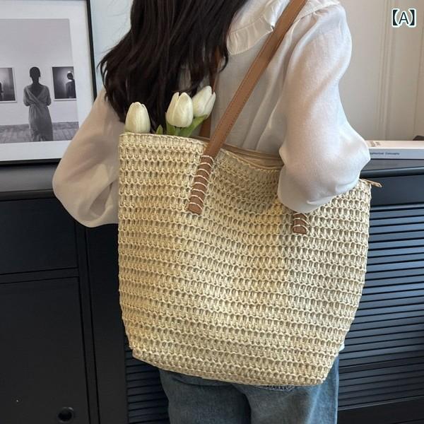 Other - カゴバッグ レディース トートバッグ 草編みバッグ 編み込み 手提げ かばん 大容量 軽い お出かけ 旅行 リゾート 海水浴 ビーチバッグ 収納しやすい ナチュラルテイスト シンプル カジュアルスタイル 軽量 素材感 持ち運び便利 丈夫な作り お