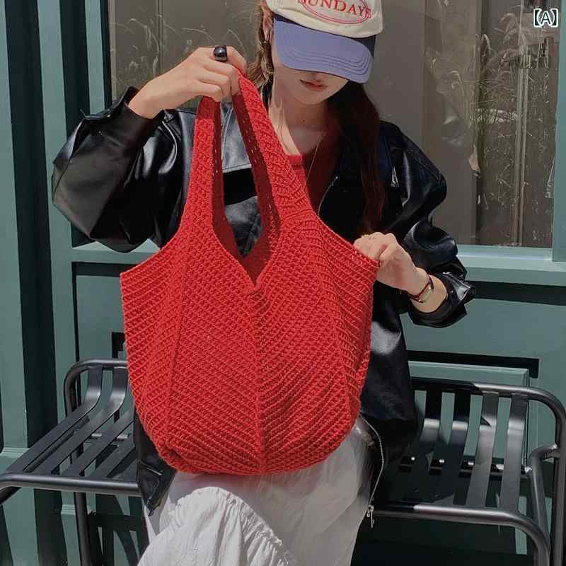 Tote Bag - トートバッグ レディース 編み込みバッグ ハンドバッグ 手提げ 軽い ビーチバッグ 巾着タイプ 大容量 買い物バッグ マザーズバッグ 旅行 お出かけ ナチュラルテイスト 収納しやすい