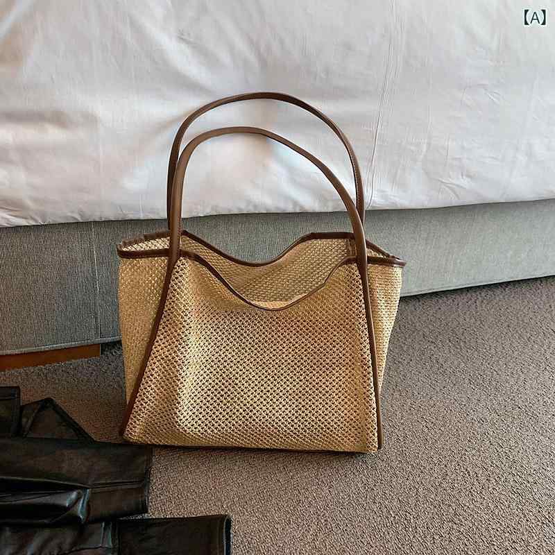 Tote Bag - カゴバッグ レディース トートバッグ 草編みバッグ 大容量 軽量 かごバック 手提げバッグ 夏 リゾート 海 通勤 通学 旅行 シンプル おしゃれ ナチュラル素材 A4収納 マザーズバッグ 収納しやすい 持ち運び便利