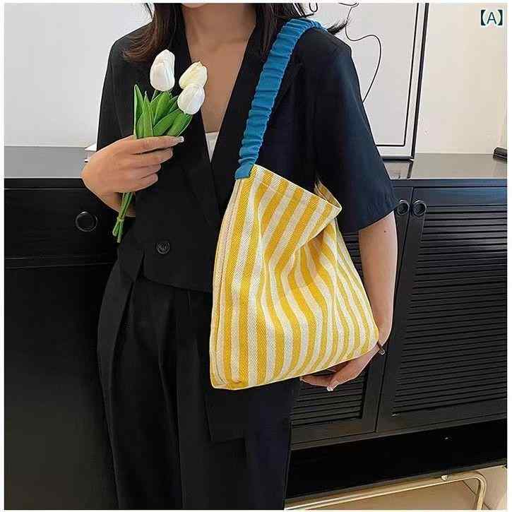 Tote Bag - ショルダーバッグ レディース ストライプ ニット編み ワンショルダーバッグ 手提げバッグ 縦型 バケットバッグ 軽量 大容量 収納しやすい 通勤 通学 カジュアル おしゃれ 普段使い ギフト