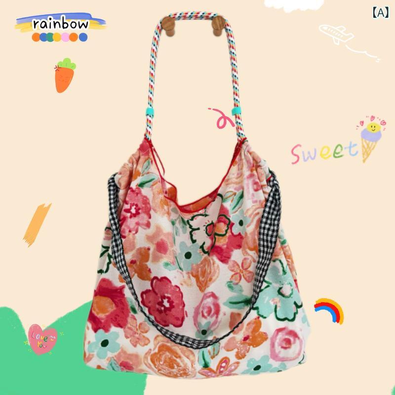 Tote Bag - ショルダーバッグ レディース 花柄 キャンバスバッグ 帆布 トートバッグ 肩掛け バッグ 大容量 軽量 旅行 通学 収納しやすい 丈夫 ナチュラル ポケット付き お出かけ 普段使い カジュアル シンプル
