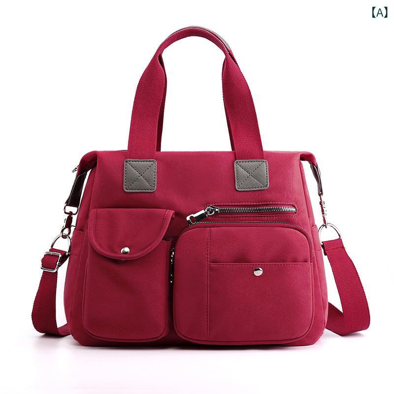 Tote Bag - ショルダーバッグ レディース 大容量 ナイロン 斜め掛け トートバッグ 軽量 マザーズバッグ 手提げ 旅行用 収納しやすい 撥水 軽い シンプル 通勤 通学 肩掛け ファスナー付き お出かけバッグ カバン