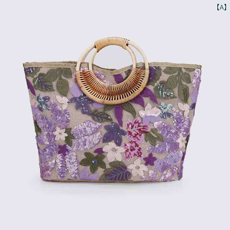 Tote Bag - トートバッグ レディース かごバッグ 刺しゅう スパンコール 編み込み 手提げバッグ 大容量 軽量 丈夫 持ち運び便利 カジュアル 夏休み 海水浴 旅行 お出かけ ナチュラル ストロー素材 涼しげ