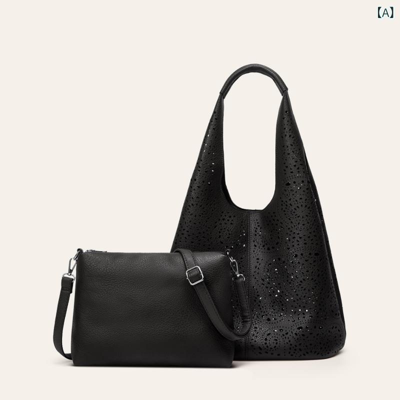 Tote Bag - トートバッグ レディース レザー調 彫刻 ハンドバッグ ショルダーバッグ 透かし彫り 軽量 大容量 2way 手提げバッグ 肩掛け 鞄 通勤 通学 多機能 収納しやすい 持ち運び便利 シンプル