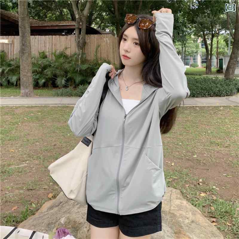 kbox楽天市場店の防晒服 レディース ラッシュガード 薄手 長袖 フード付き パーカー ジャケット 紫外線対策 通気性 速乾素材 指穴付き 日焼け防止 暑さ対策 冷房対策 夏用 軽量 アウトドア 散歩 軽い 羽織り｜アングル2