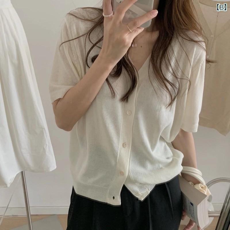 kbox楽天市場店のカーディガン レディース サマーニット トップス 薄手 半袖 Vネック 羽織り 夏服 前開き 無地 通気性 柔らかい 軽い 重ね着 日焼け防止 冷房対策 紫外線カット シンプル 着回ししやすい｜アングル2
