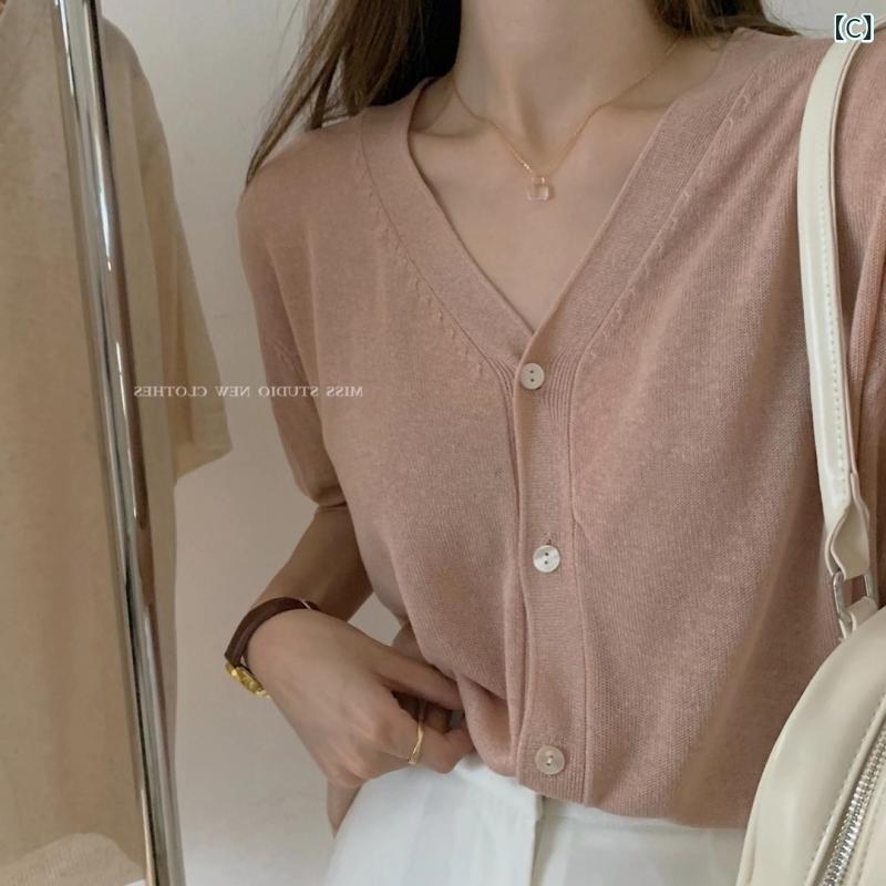 kbox楽天市場店のカーディガン レディース サマーニット トップス 薄手 半袖 Vネック 羽織り 夏服 前開き 無地 通気性 柔らかい 軽い 重ね着 日焼け防止 冷房対策 紫外線カット シンプル 着回ししやすい｜アングル3