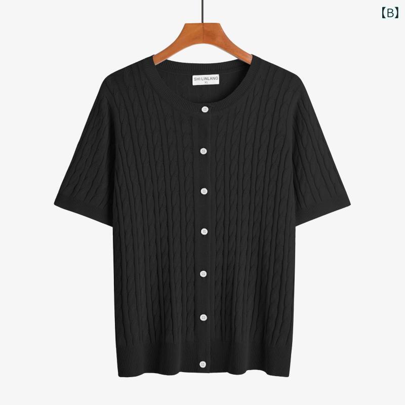 kbox楽天市場店のサマーニット レディース トップス カーディガン 半袖 透かし編み コットン混 羽織り 前開き レトロ ケーブル編み 大きいサイズ 体型カバー 着回ししやすい 通勤 通学 シンプル 無地｜アングル2