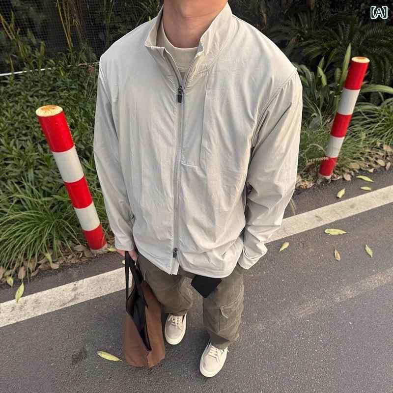 防晒衣 メンズ ライトアウター 速干素材 スタンドカラー 薄手 軽量 ブルゾン アウ...