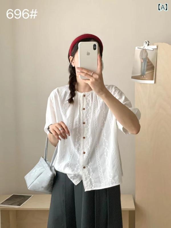 Rakuten - シャツ レディース 刺繍 ブラウス 五分袖 コットン素材 薄手 トップス レトロ風 きれいめ 夏用 涼しい 通気性 肌触り良い 体型カバー デイリー オフィスカジュアル 羽織り 紫外線対策 着回し