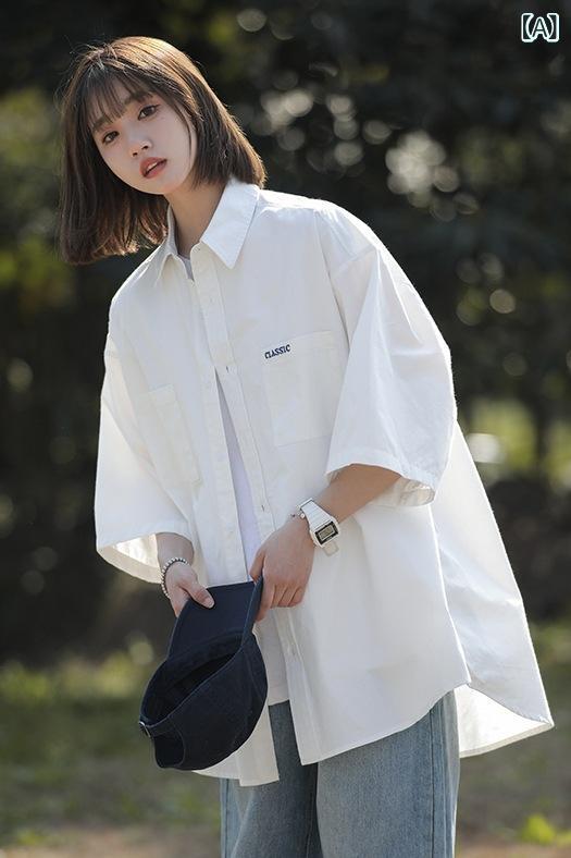 Rakuten - 半袖シャツ メンズ シャツ カジュアルシャツ ワークシャツ コットン素材 ビッグシルエット 前開き 羽織り トップス 夏物 薄手 通気性 動きやすい 無地 シンプル インナー 重ね着 日常着 通勤 通学 普段着