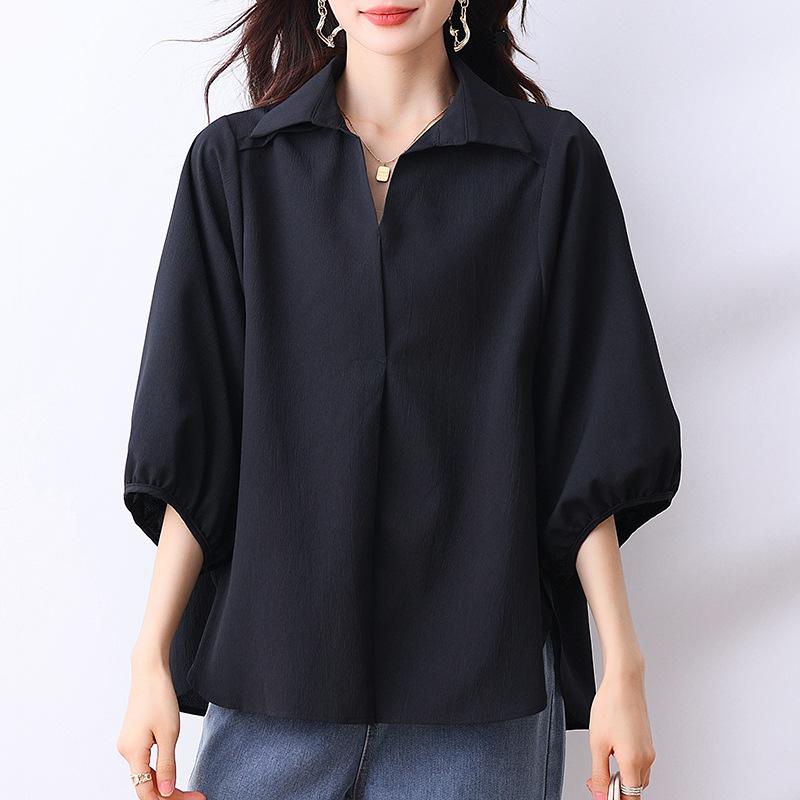 Casual Shirts - ブラウス レディース Vネック 半袖 シャツ 五分袖 無地 トップス 体型カバー ゆるっと 着痩せ 落ち感 ゆったり 通勤 オフィス きれいめ シンプル 無地 薄手 涼しい 体型補正 柔らか 快適 動きやすい