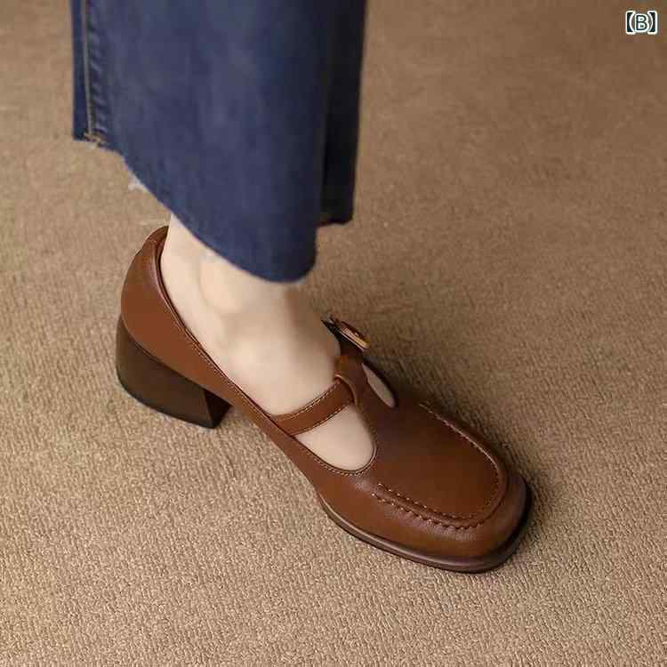 パンプス レディース ローファー 太ヒール 中ヒール チャンキーヒール ブラウン 茶...