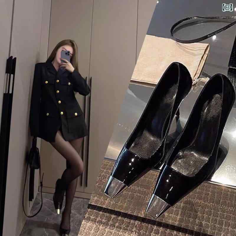 パンプス レディース ハイヒール ピンヒール ポインテッドトゥ エナメル調 メタル...