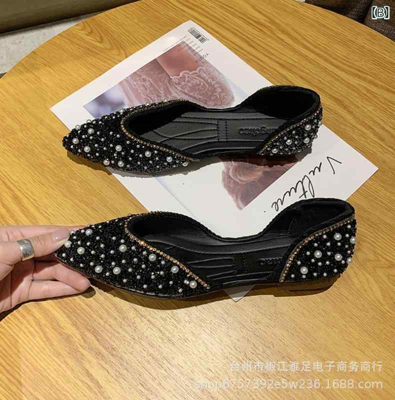パンプス レディース ビジュー パール ポインテッドトゥ ローヒール 柔らかい 歩き...