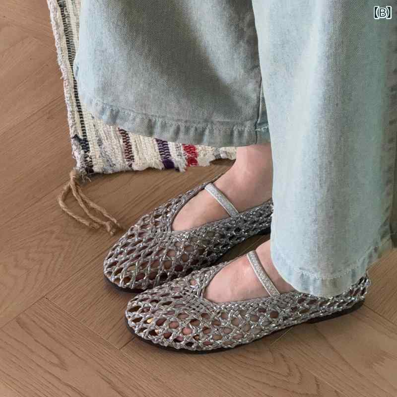 サンダル レディース 革レザー フラット ストラップ ぺたんこ メッシュ 編み込み ...