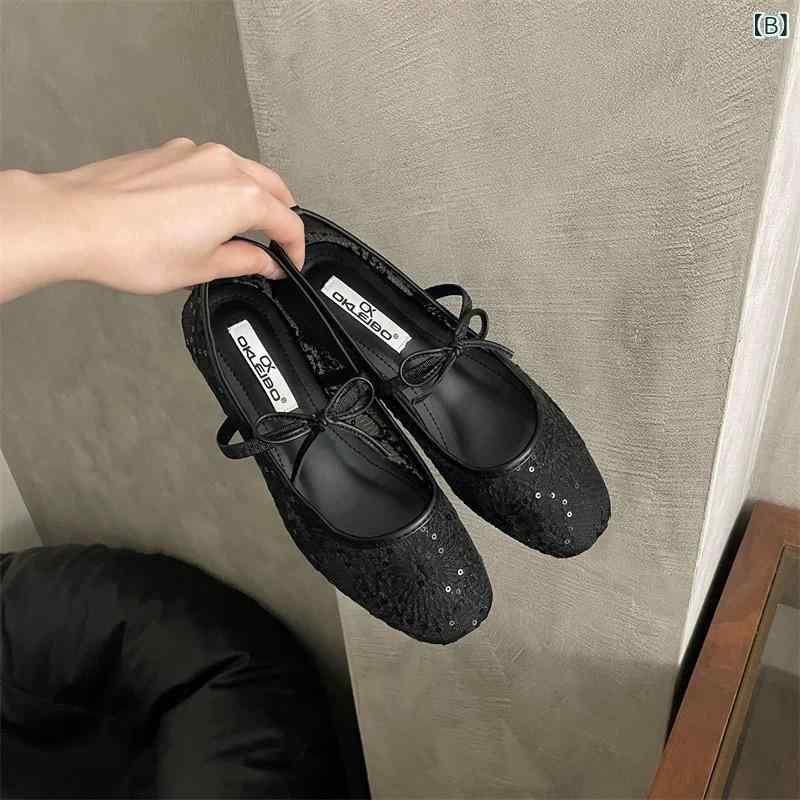 kbox楽天市場店のパンプス レディース 蝶々結び メッシュ素材 フラットシューズ チュール シースルー ぺたんこ靴 通気性 蒸れにくい 歩きやすい 痛くなりにくい おしゃれ かわいい 春夏 秋 デイリー お出かけ 普段履き 走れる 靴｜アングル2