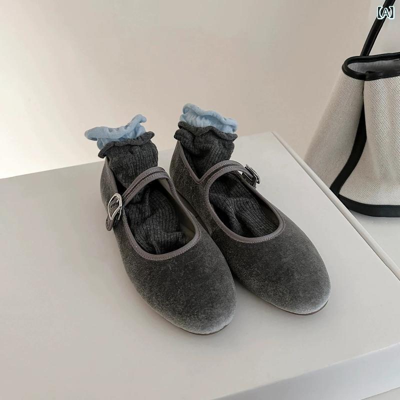 パンプス レディース メリージェーン フラットシューズ ラウンドトゥ ストラップ付き ベルベット調素材 歩きやすい ローヒール 痛くない 履きやすい バレエシューズ ぺたんこ靴 通勤 通学 カジュアル おしゃれ