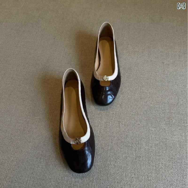 パンプス レディース フラットシューズ 羊革レザー カメリアモチーフ ラウンドトゥ ぺたんこ靴 歩きやすい 痛くない 柔らかい 冠婚葬祭 通勤 オフィス フォーマル カジュアル お出かけ 旅行