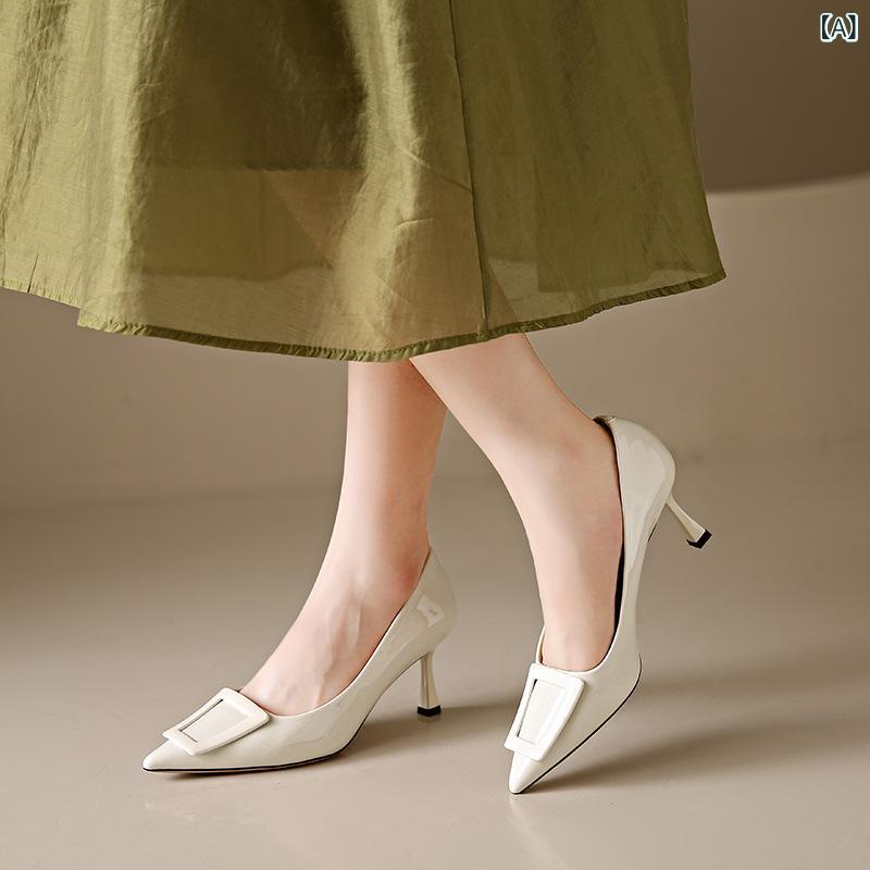 パンプス レディース 尖頭細ヒール 職業用靴 レザー調 浅口 疲れにくい 美脚効果 冠婚葬祭 通勤 オフィス 立ち仕事 歩きやすい クッションインソール 安定感 ポインテッドトゥ エレガント