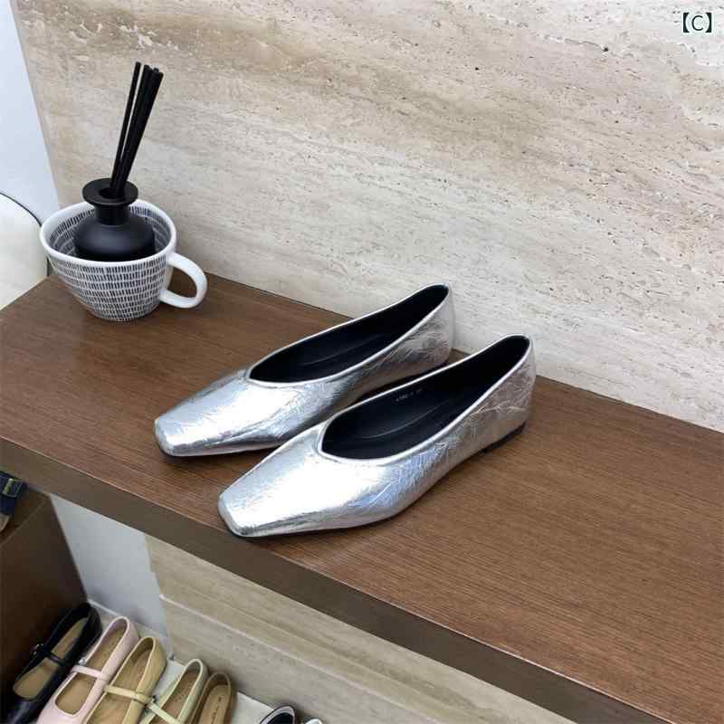 パンプス レディース ローヒール ポインテッドトゥ シルバー ぺたんこ 歩きやすい ...
