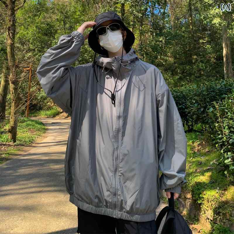 防晒衣 メンズ UVカット 薄手 軽量 ジャケット 紫外線対策 ウィンドブレーカー 日焼け防止 通気性 釣り アウトドア キャンプ スポーツ ゴルフ 撥水 速乾 持ち運び便利 フード付き 長袖 快適 サマーアウター