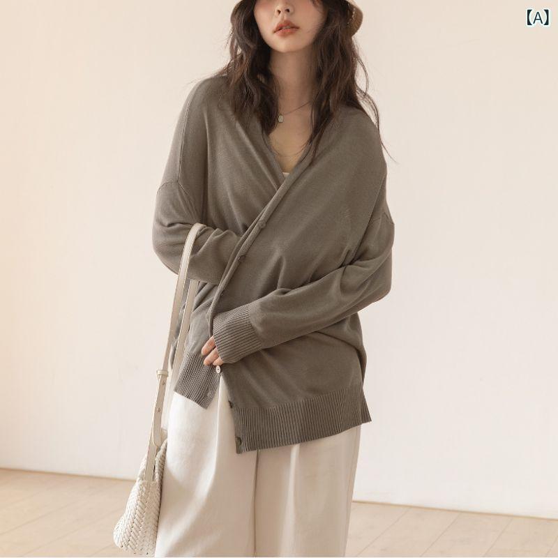 Rakuten - カーディガン レディース 薄手 UVカット 長袖 春夏 トップス サマーニット 涼しい 冷房対策 羽織り Vネック 軽い ゆったり 体型カバー 日焼け防止 透け感 無地 通気性 紫外線対策 シンプル おしゃれ 持ち運び便利