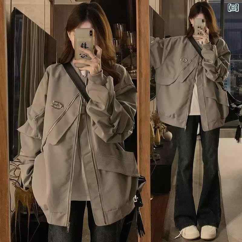 kbox楽天市場店のブルゾン レディース 飛行服 ジャケット アウター 棒球服 ミリタリー風 コットン混素材 防寒 厚手 ジップアップ ゆったり シルエット 体型カバー 重ね着 動きやすい カジュアル 秋冬 防風 シンプル｜アングル2