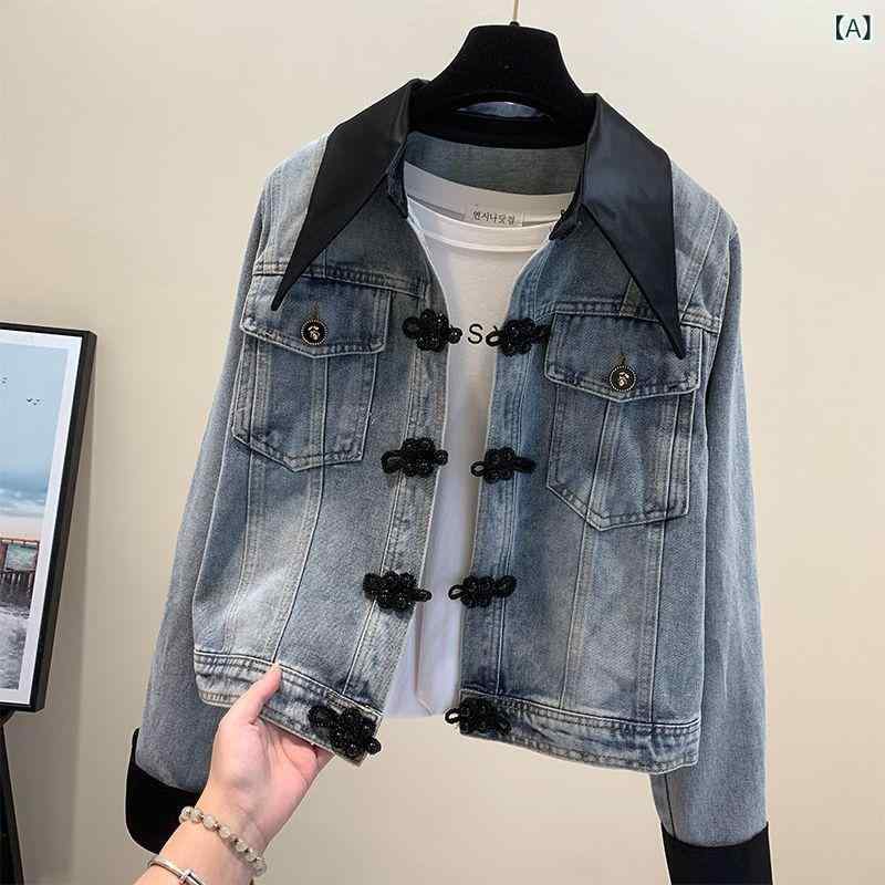 デニムジャケット レディース ショート丈 チャイナボタン風 ブルゾン アウター 春服 ジップアップ 羽織り 厚手 カジュアル 立ち襟 長袖 ライトアウター 普段着 お出かけ 軽量 通学 通勤 春コーデ
