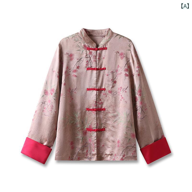 ブラウス レディース チャイナシャツ 長袖 スタンドカラー ジャガード 花柄 前開き ボタン留め 中華風トップス ボタン 動きやすい きれ..