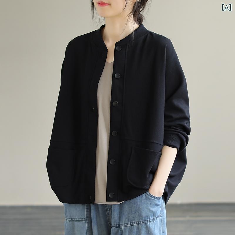 Rakuten - ジャケット レディース アウター 長袖 無地 カジュアル ゆったり 前開き 羽織り コットン素材 ライトアウター 軽い シンプル 春秋 体型カバー 防寒 通学 通勤 お出かけ 日常着 合わせやすい