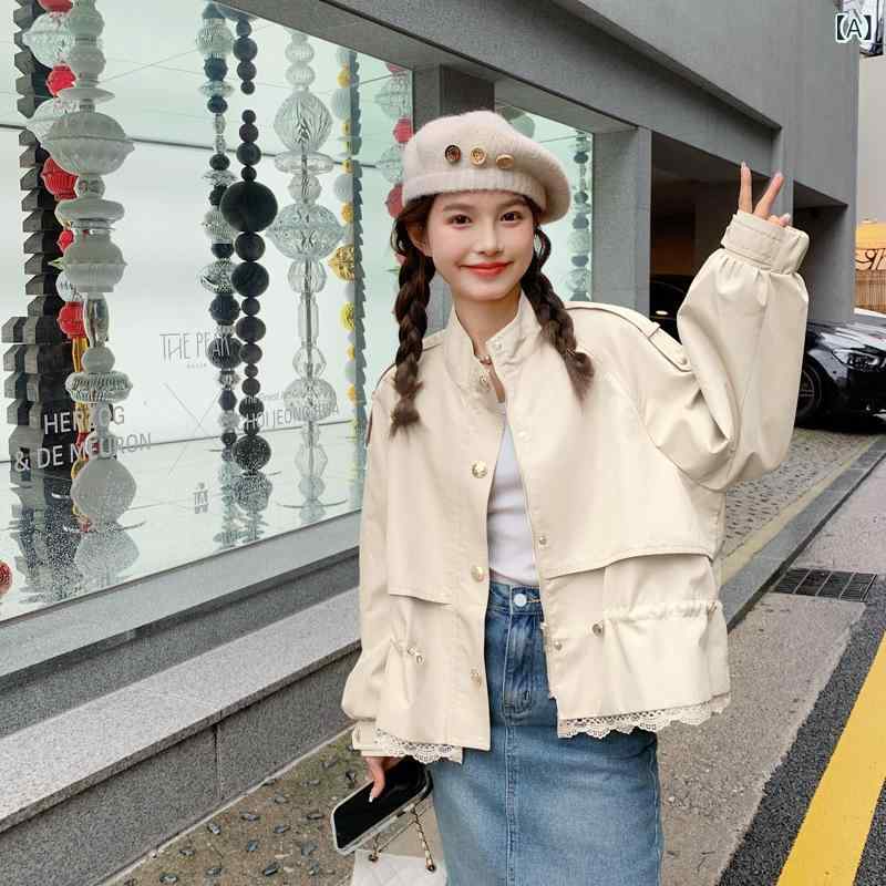 Rain Coat - ジャケット レディース アウター ショート丈 レース切替 ジャンパー 春秋 長袖 ライトアウター 上品 羽織り 大人 カジュアル きれいめ おしゃれ 軽量 軽い 羽織るだけ 普段使い お出かけ 体型カバー