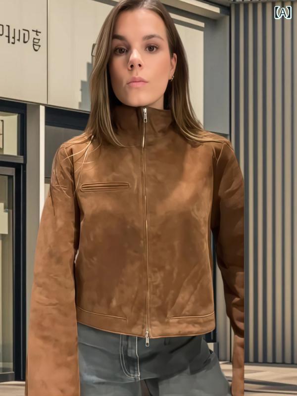 Rakuten - ブルゾン レディース スタンドカラー 長袖 ジャケット ショート丈 ジップアップ 羽織り アウター 軽量 カジュアル シンプル 無地 春秋 通学 通勤 デイリー 動きやすい おしゃれ きれいめアウター