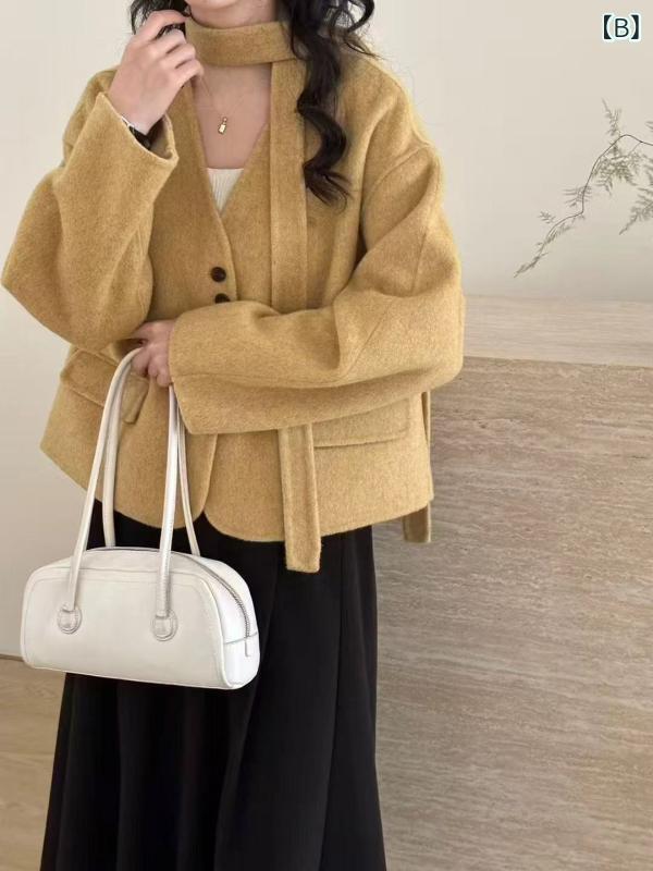 kbox楽天市場店のコート レディース ウール混 アウター Vネック ロング丈 無地 長袖 ボタン留め ゆったりシルエット 防寒対策 通勤 通学 暖かい 軽量 羽織り 秋冬服 おしゃれ シンプル ベーシック 綺麗め｜アングル2