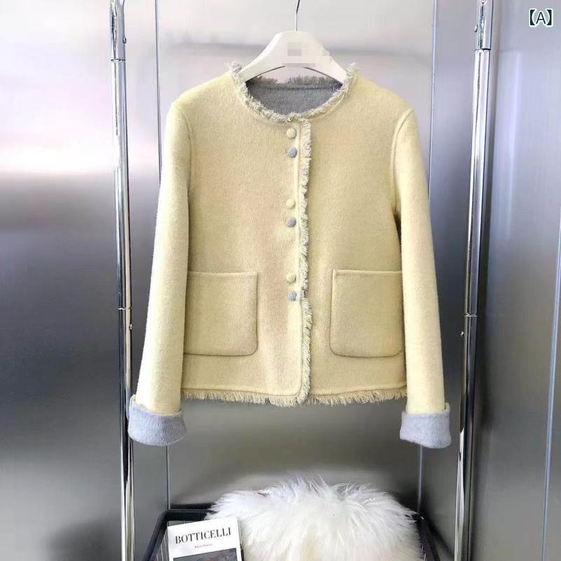 コート レディース ウール混 ショート丈 ノーカラー ジャケット フリンジ アウター...