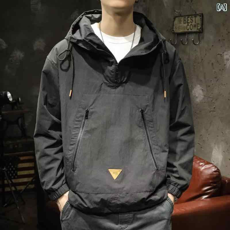 樂天商城 - マウンテンパーカー メンズ ウィンドブレーカー ハーフジップ 撥水加工 防風アウター カジュアルジャケット 長袖 フード付き ブルゾン ゆったり 大きいサイズ 通学 通勤 動きやすい アウトドア 秋服