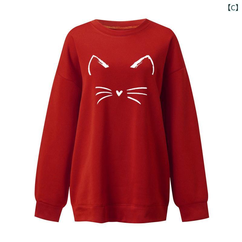 トレーナー レディース 猫柄 パーカー 長袖 スウェット 猫顔プリント 裏起毛 プル...