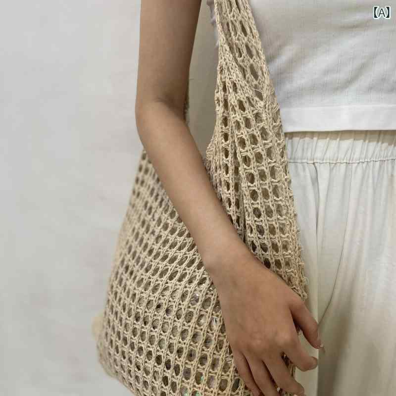 Handbag Type - トートバッグ レディース ビーチバッグ 編織 メッシュ 透かし編み 大容量 肩掛け 鞄 軽量 収納しやすい 海水浴 温泉 旅行 リゾート アウトドア 買い物バッグ サマーバッグ シンプル 無地