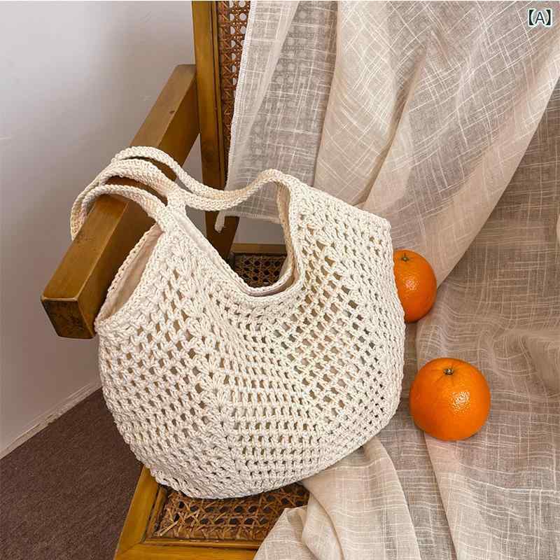 Shoulder Bag Type - ショルダーバッグ レディース 籠バッグ 編み込みバッグ 手提げバッグ かごバッグ コットン素材 巾着付き 大容量 軽量 収納しやすい 肩掛け 斜め掛け マザーズバッグ 旅行 お出かけ ビーチバッグ 買い物