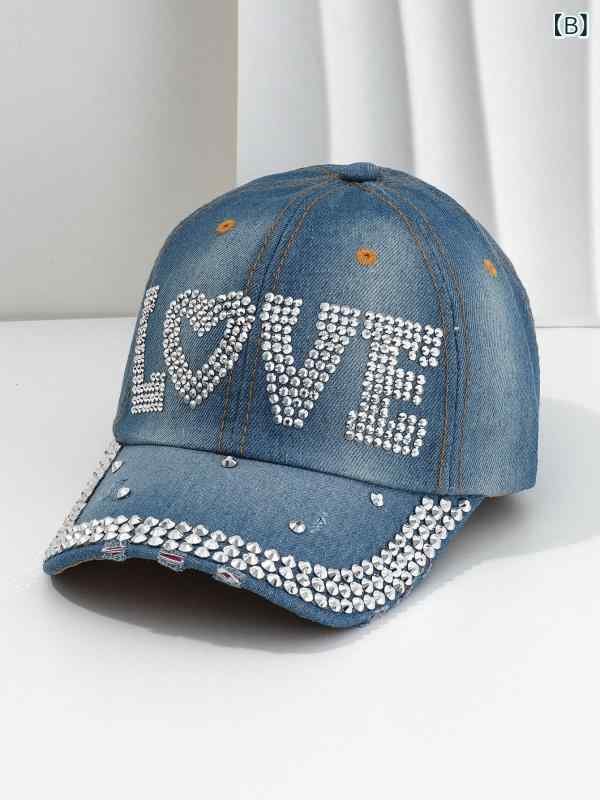キャップ 男女兼用 ロゴ刺繍 ビジュー付き ベースボールキャップ 帽子 サイズ調節...