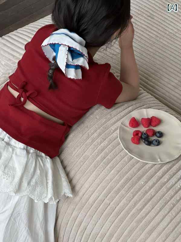 Rakuten - Tシャツセットアップ キッズ 女の子 子供服 上下セット 半袖 トップス ショートパンツ コットン素材 シンプル カジュアル 夏服 通気性 吸汗 速乾 動きやすい 普段着 通学 遊び着 セットアップ アンカラレッド