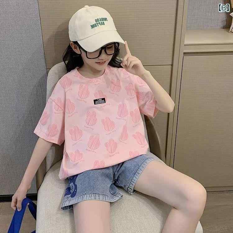 Tシャツ キッズ 女の子 半袖 夏服 トップス カットソー 子供服 薄手 通気性 コットン素材 涼しい 動きやすい クルーネック ラウンドネック 子ども服 夏 カジュアル ゆったり ナチュラル 普段着 2