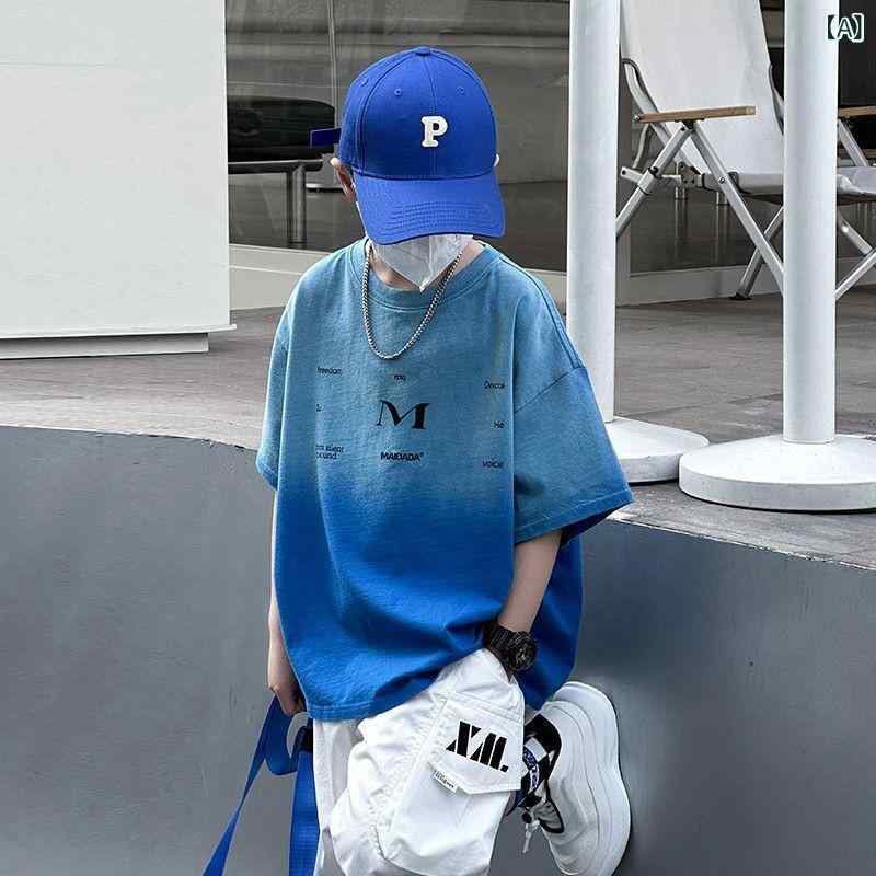 Tシャツ キッズ 男の子 半袖 トップス コットン素材 グラデーション カットソー 子供服 クルーネック 柔らかい 肌触り 吸湿性 通学 お出かけ 夏服 男児 快適 涼しい 動きやすい ジュニア