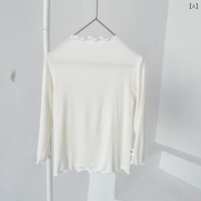 T-Shirts （Short Sleeve） - 長袖Tシャツ キッズ 女の子 トップス コットン素材 フリルネック インナー 子供服 ベビー服 無地 プルオーバー 伸縮性 通気性 春秋 通園 通学 動きやすい 重ね着 おしゃれ着